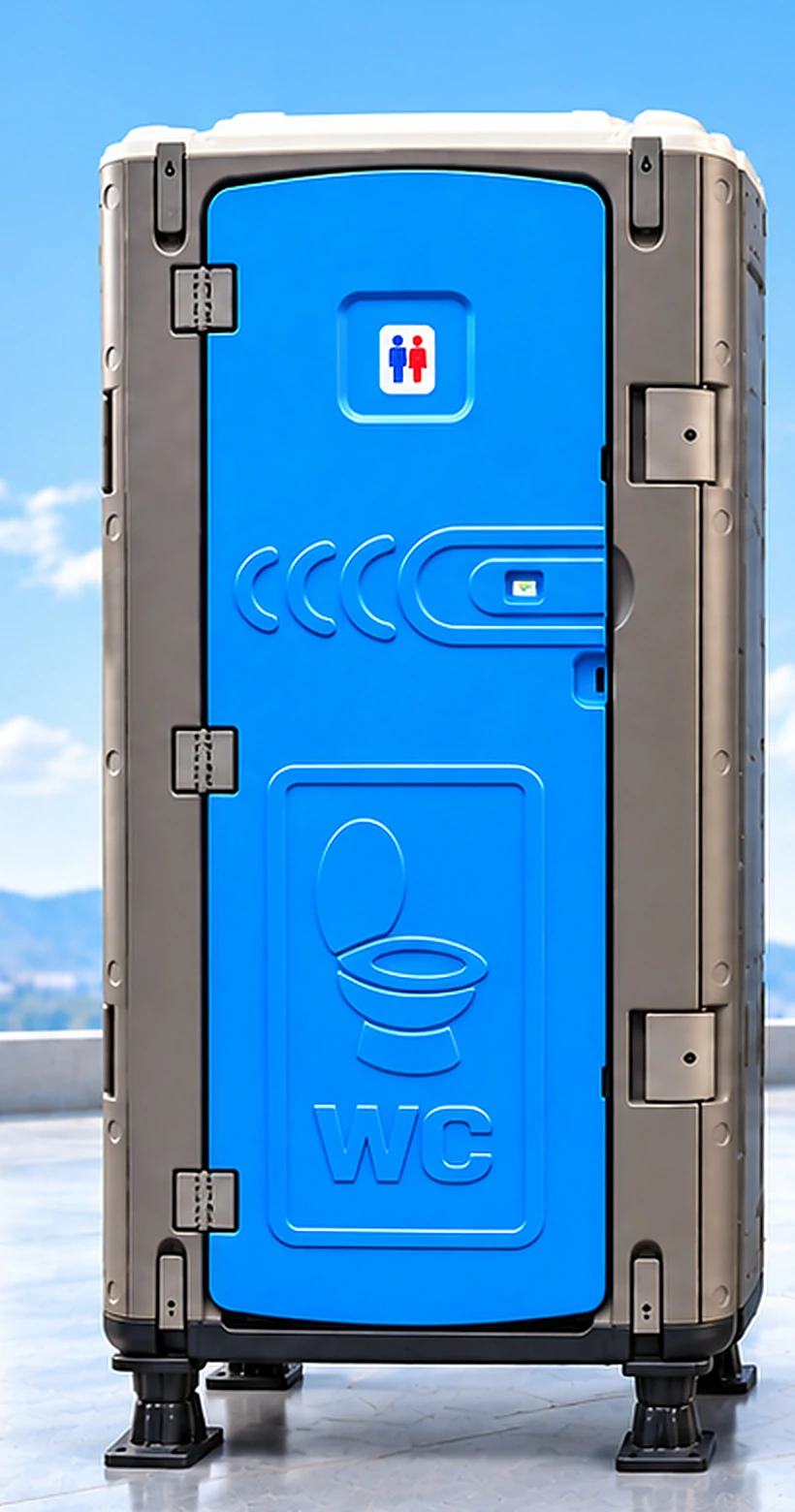 ESPO portable toilet – front view of blue and grey mobile toilet unit