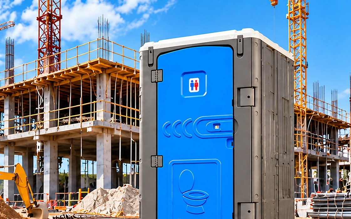 Portable toilet for construction sites – ESPO unit at a building site with cranes