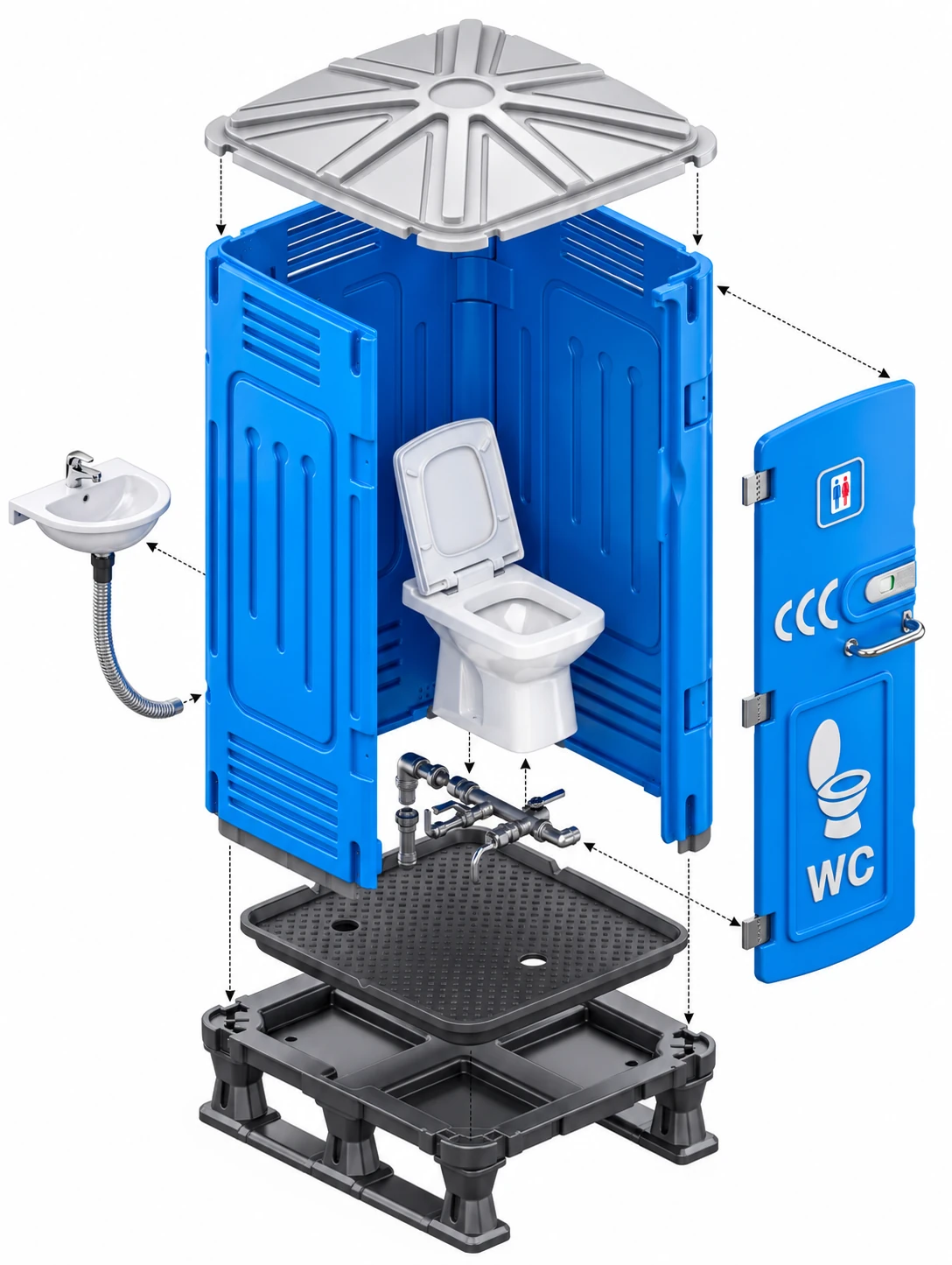 Portable toilet exploded view showing how the unit is assembled