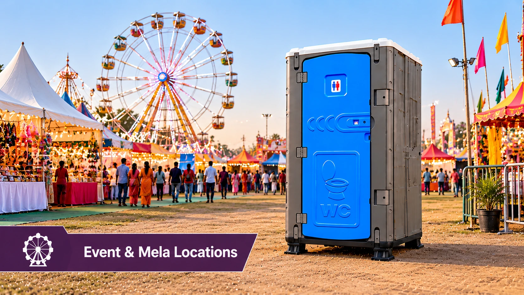 Portable toilet at a mela and fair ground with giant wheel and stalls