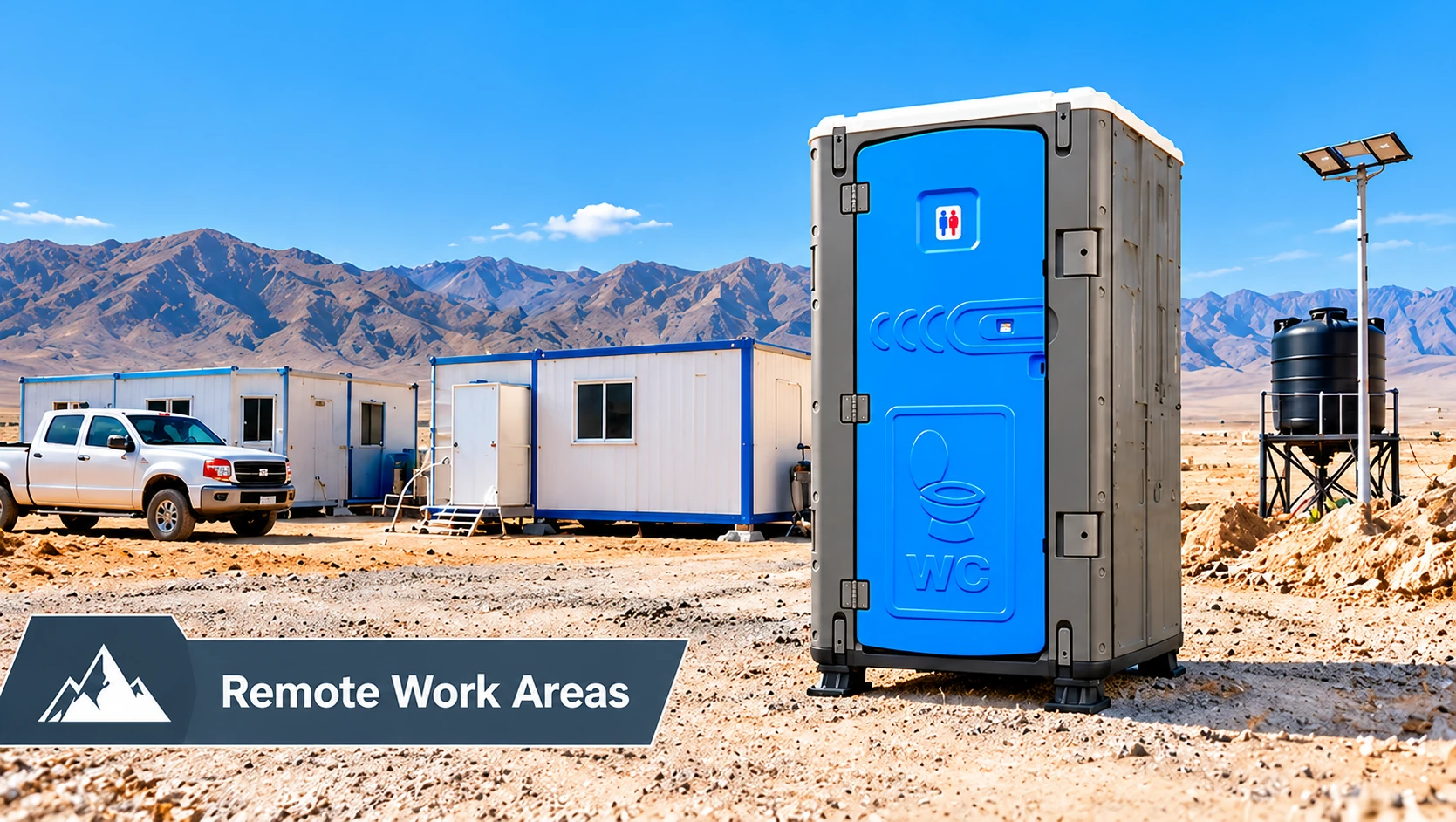 Portable toilet at a remote work camp with site cabins